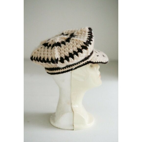 Vintage 70s Handmade Crochet Cream Brown Beret with Hard Shell Visor - Picture 4 of 8